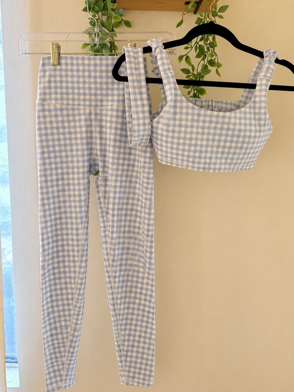 3 piece set! Gingham High-Waist Leggings & Tie-Shoulder Crop Top Set - Light Blu